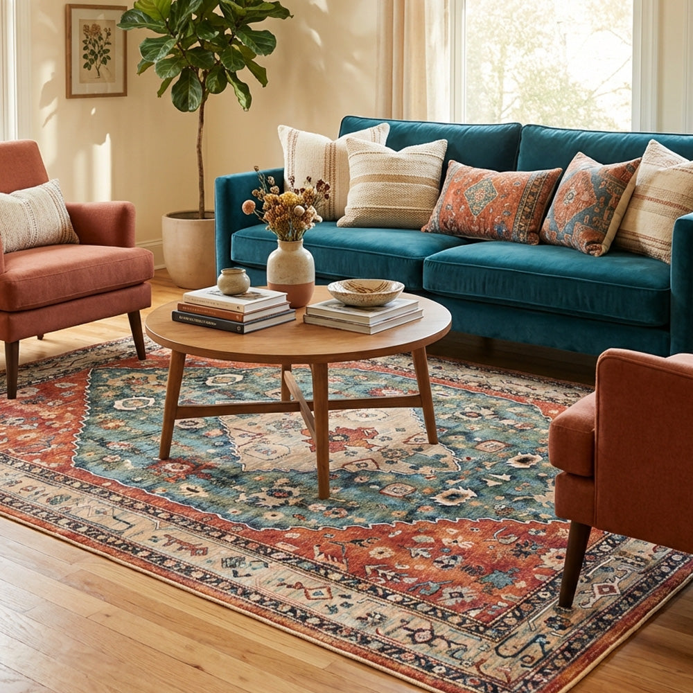 Polyester machine made printed washable rug