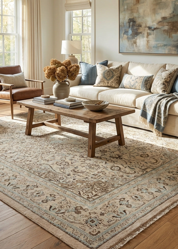 Oriental hand-knotted Persian wool rug in a classic traditional living room