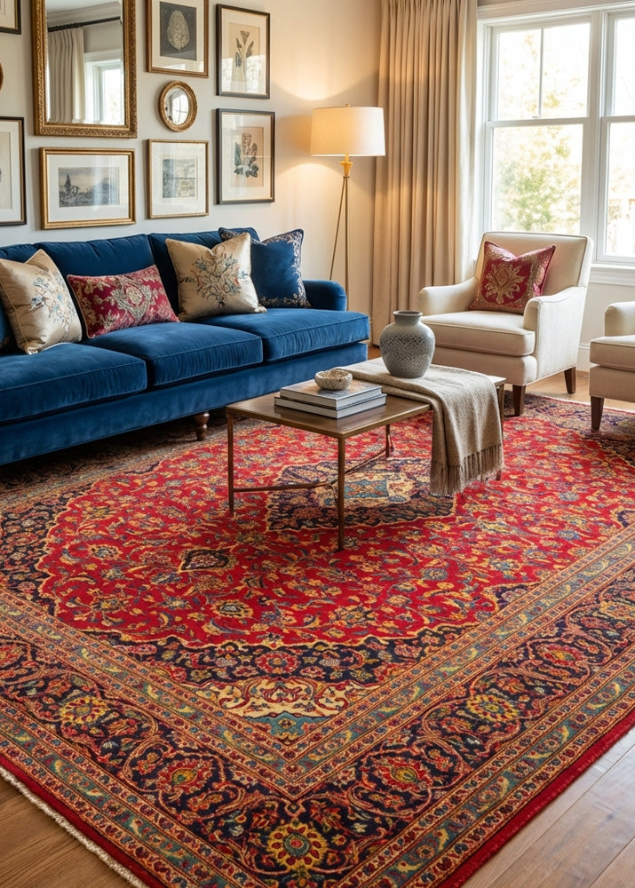 Oriental hand-knotted Persian wool rug in a classic traditional living room