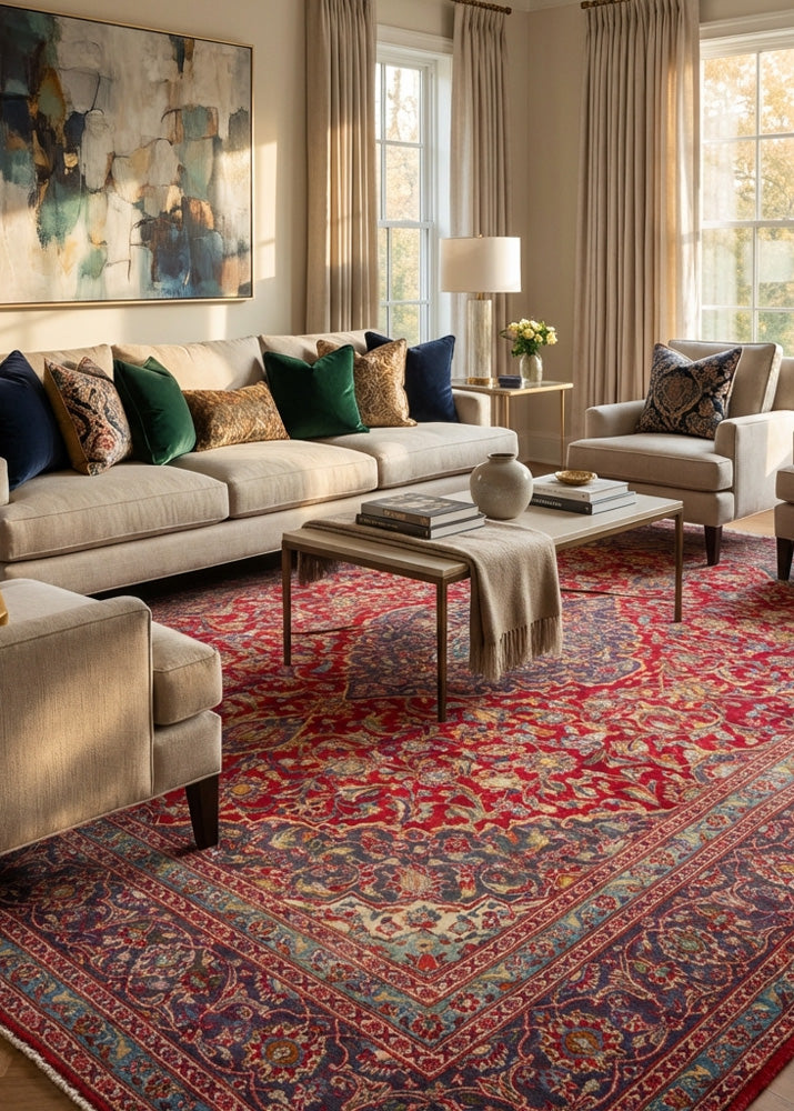 Oriental hand-knotted Persian wool rug in a classic traditional living room