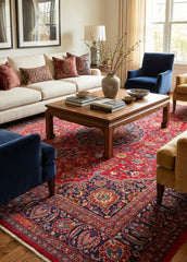 Oriental hand-knotted Persian wool rug in a classic traditional living room