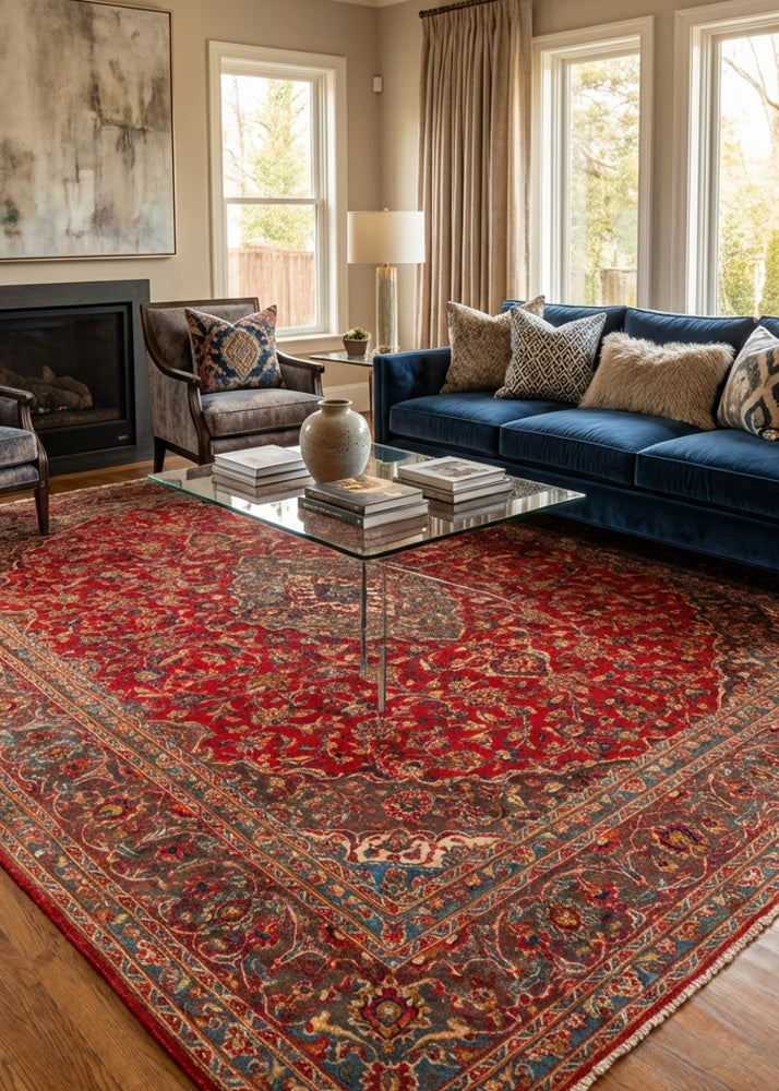 Oriental hand-knotted Persian wool rug in a classic traditional living room
