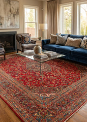 Oriental hand-knotted Persian wool rug in a classic traditional living room