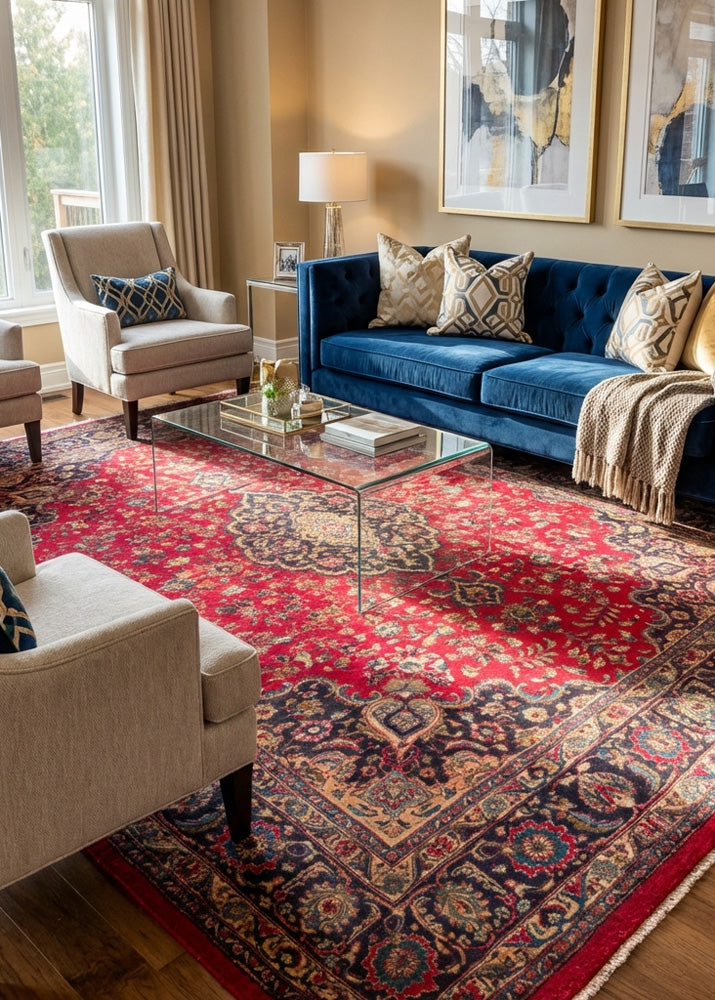Oriental hand-knotted Persian wool rug in a classic traditional living room