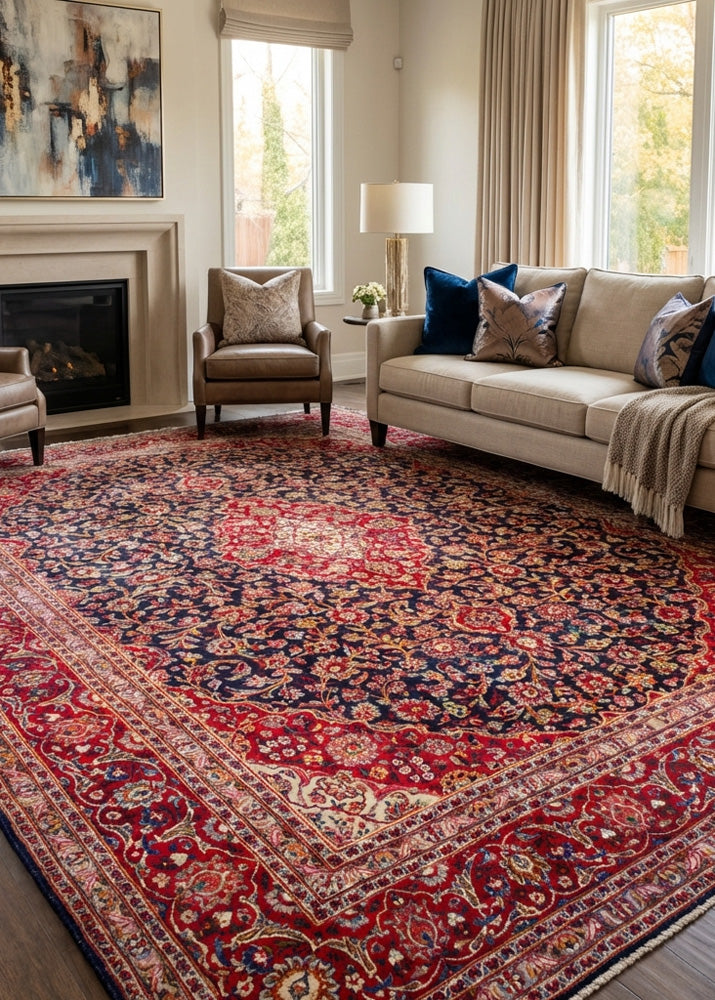 Oriental hand-knotted Persian wool rug in a classic traditional living room