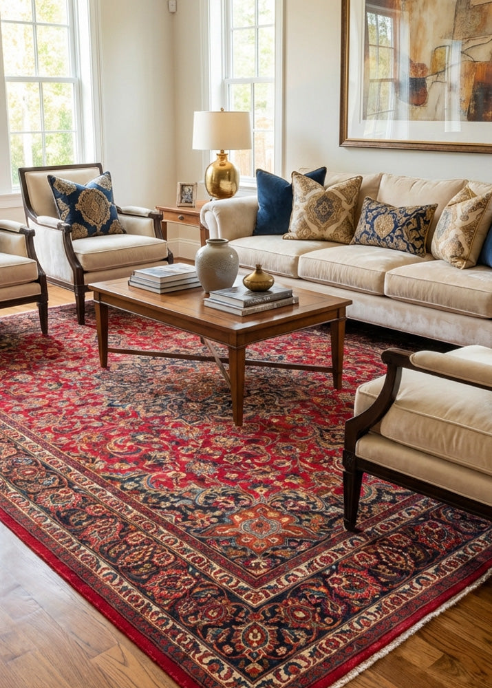 Oriental hand-knotted Persian wool rug in a classic traditional living room