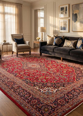 Oriental hand-knotted Persian wool rug in a classic traditional living room