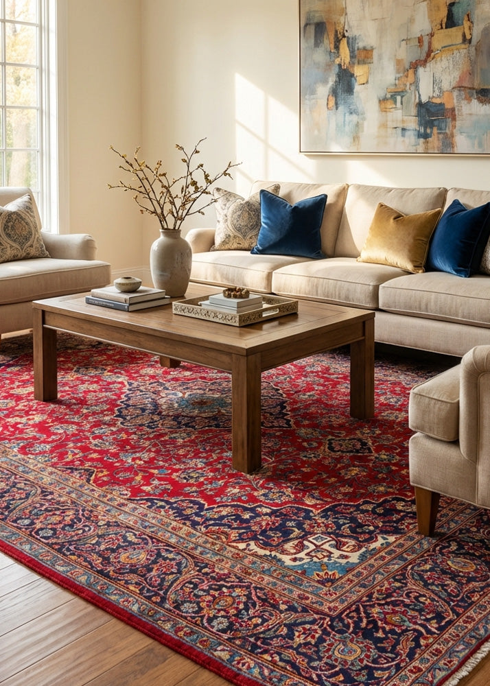 Oriental hand-knotted Persian wool rug in a classic traditional living room