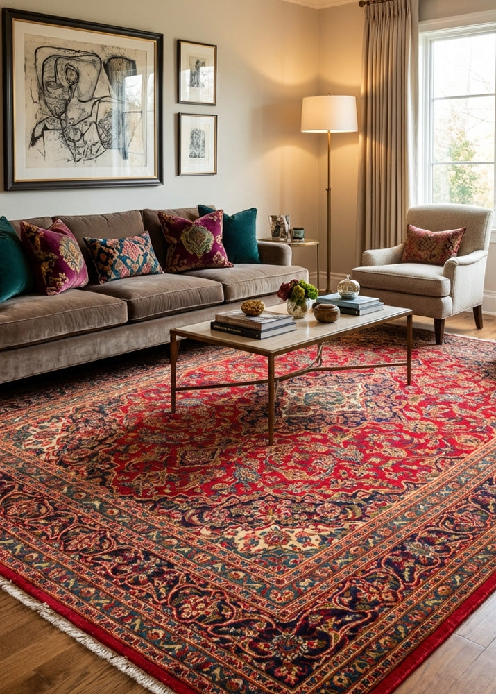 Oriental hand-knotted Persian wool rug in a classic traditional living room