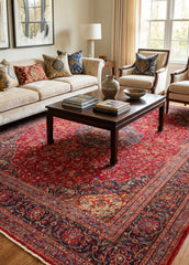 Oriental hand-knotted Persian wool rug in a classic traditional living room