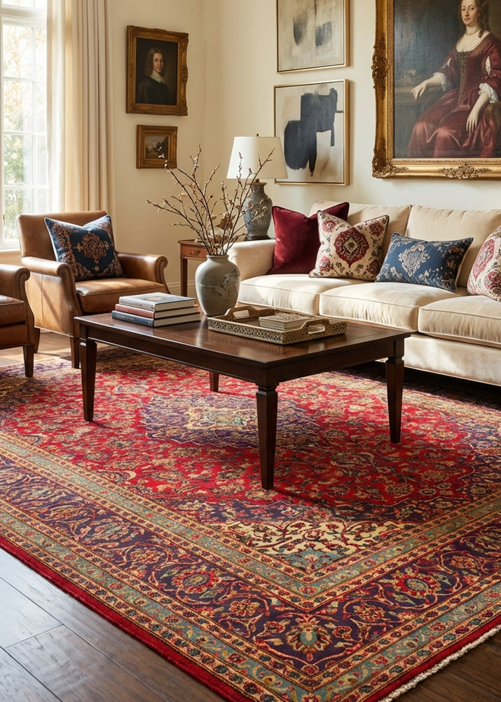 Oriental hand-knotted Persian wool rug in a classic traditional living room