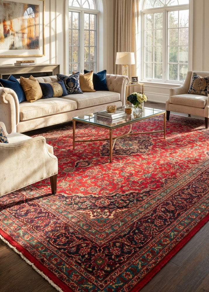 Oriental hand-knotted Persian wool rug in a classic traditional living room