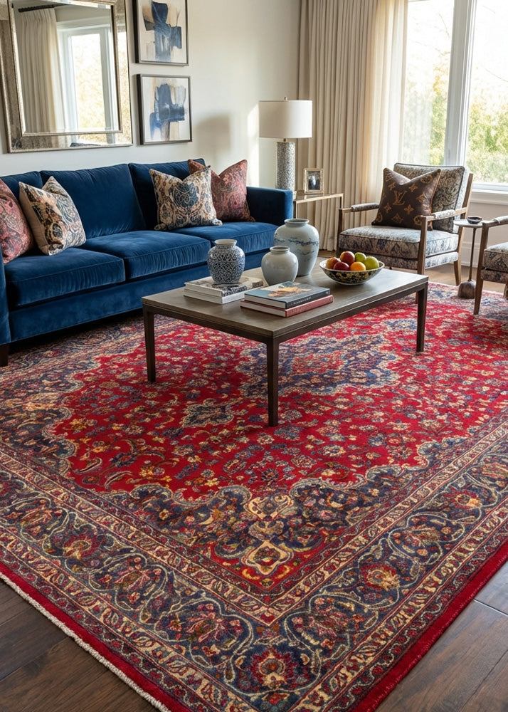 Oriental hand-knotted Persian wool rug in a classic traditional living room