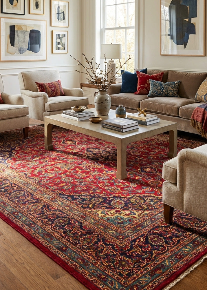 Oriental hand-knotted Persian wool rug in a classic traditional living room