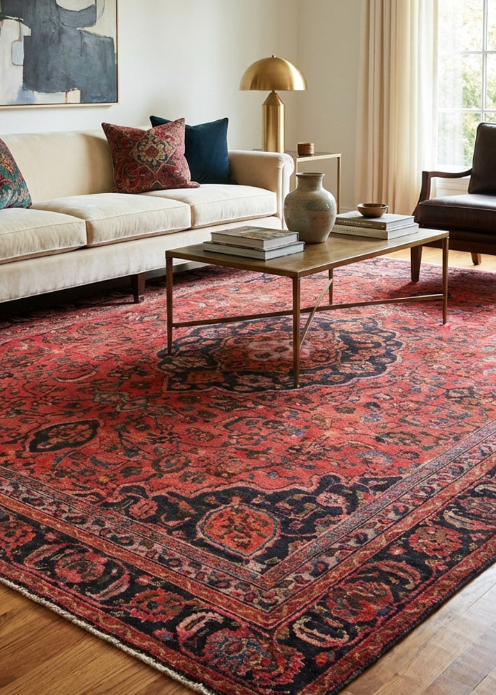 Oriental hand-knotted Persian wool rug in a classic traditional living room