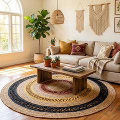 Yellow & Black Handmade Jute Round Rug