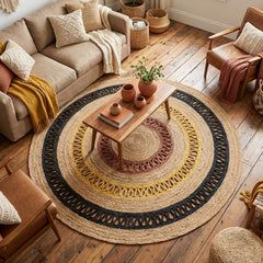 Yellow & Black Handmade Jute Round Rug