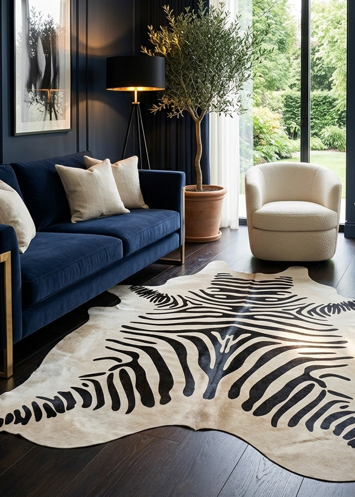Zebra print cowhide rug