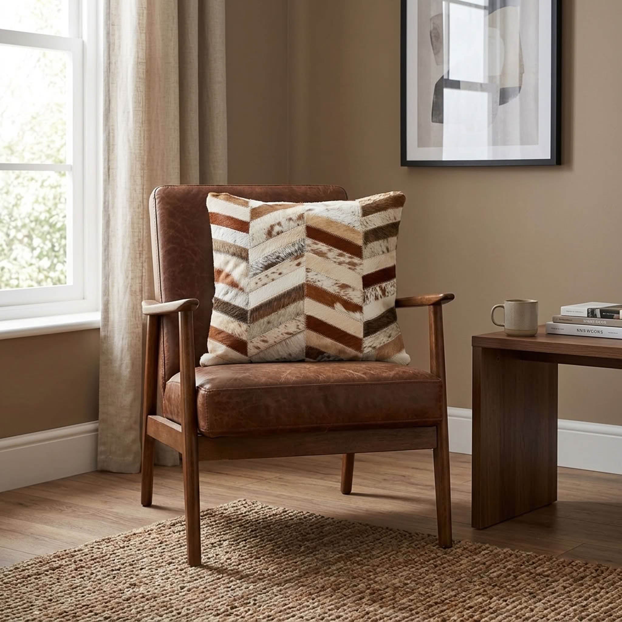 Brown and ivory cowhide patchwork cushion with chevron design styled on a tan leather armchair