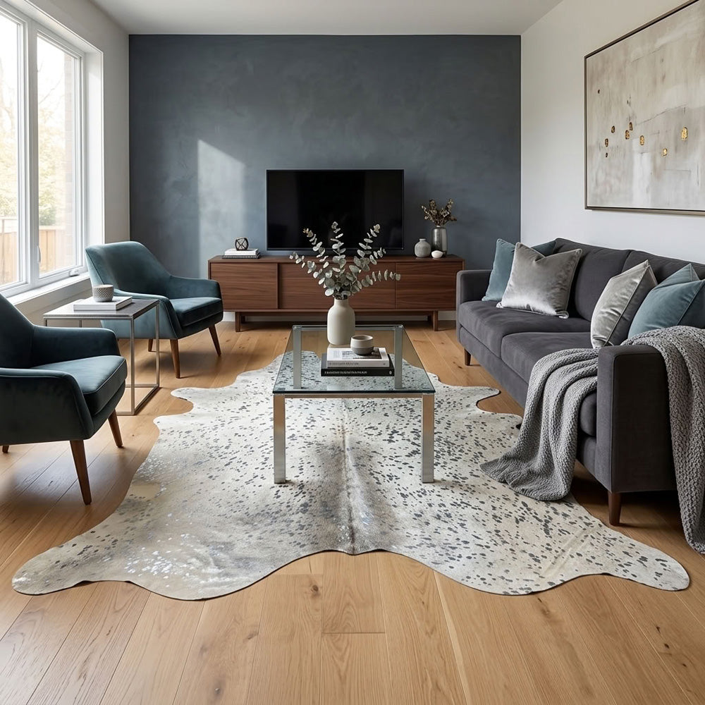 Genuine Brazilian cowhide rug with decorative silver speckled finish