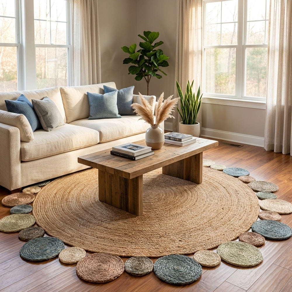 Living room wooden floor with coffee table and jute round rug on the floor