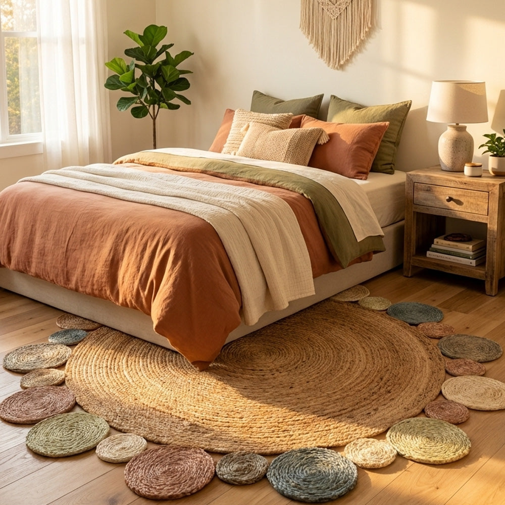Jute round rug in the bedroom