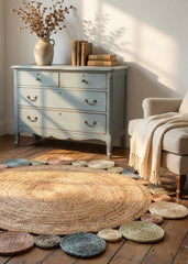Round woven rug on a wooden floor with a dresser and jute round rug on the floor
