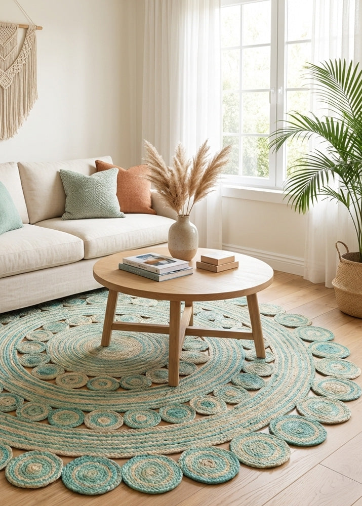 Living room with a round teal jute rug, wooden coffee table, and plants.