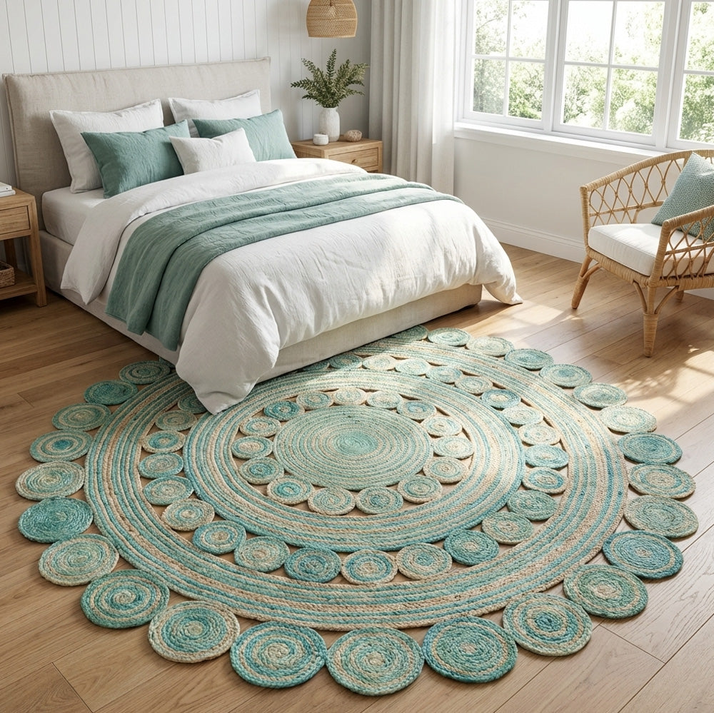 Round decorative rug with concentric circle pattern jute rug in a bedroom setting.
