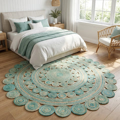 Round decorative rug with concentric circle pattern jute rug in a bedroom setting.