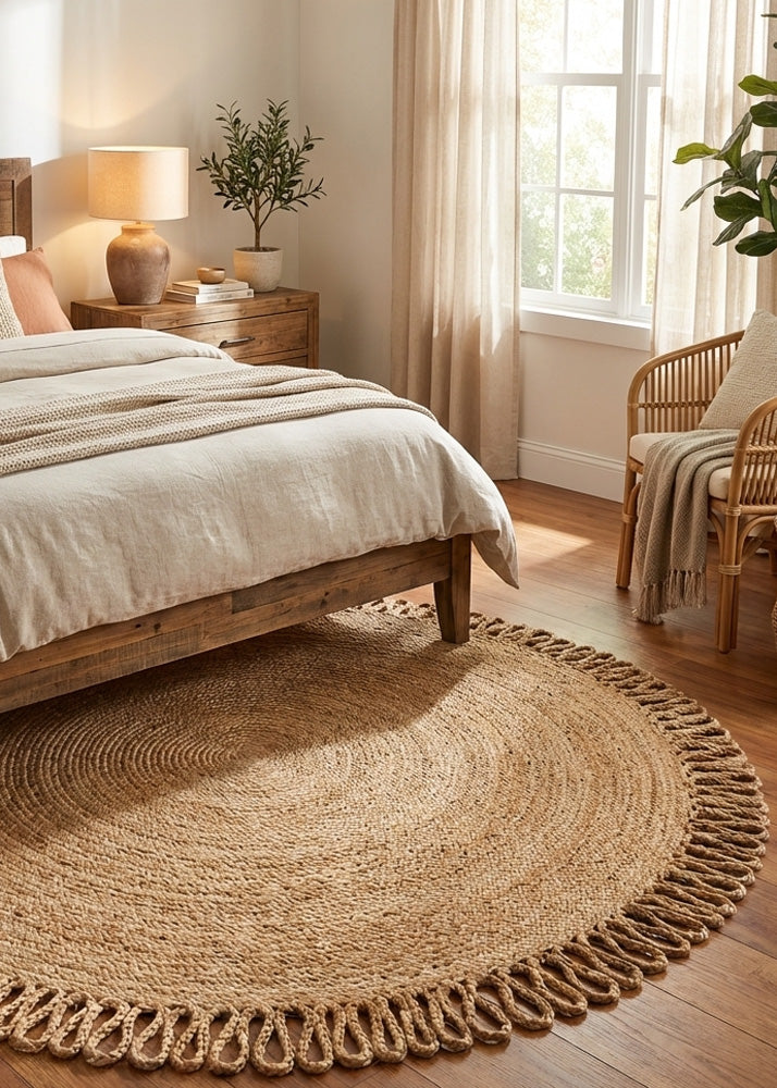 Round jute rug in a bedroom with wooden furniture and plants.