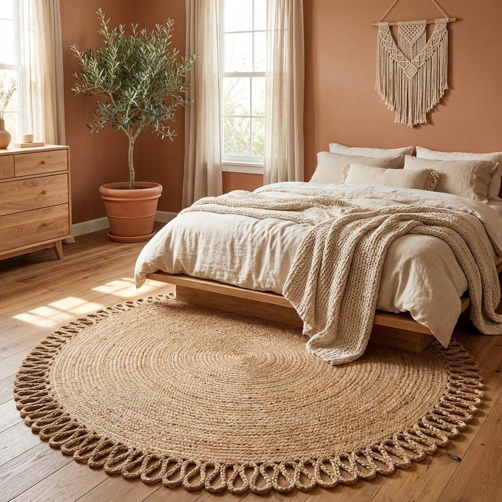 Cozy bedroom with a round jute rug, bed with beige bedding, and wall decor.