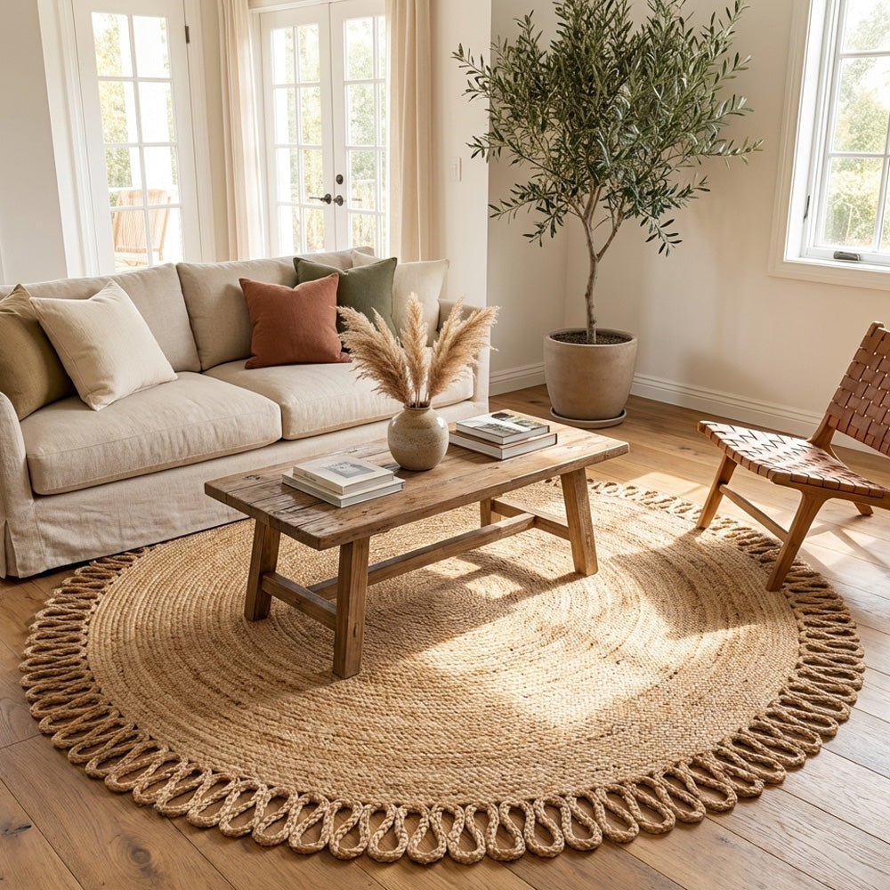 Living room with a round jute rug, wooden coffee table, and beige sofa.