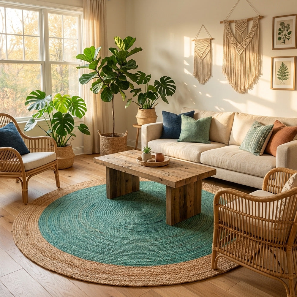 Cozy living room with a beige sofa, wooden coffee table, and jute round rug.