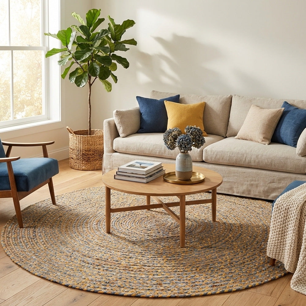 Living room with a beige sofa, round wooden coffee table, and round jute rug