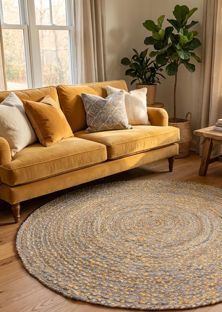 Yellow sofa with patterned cushions in a living room with a round braided jute rug.