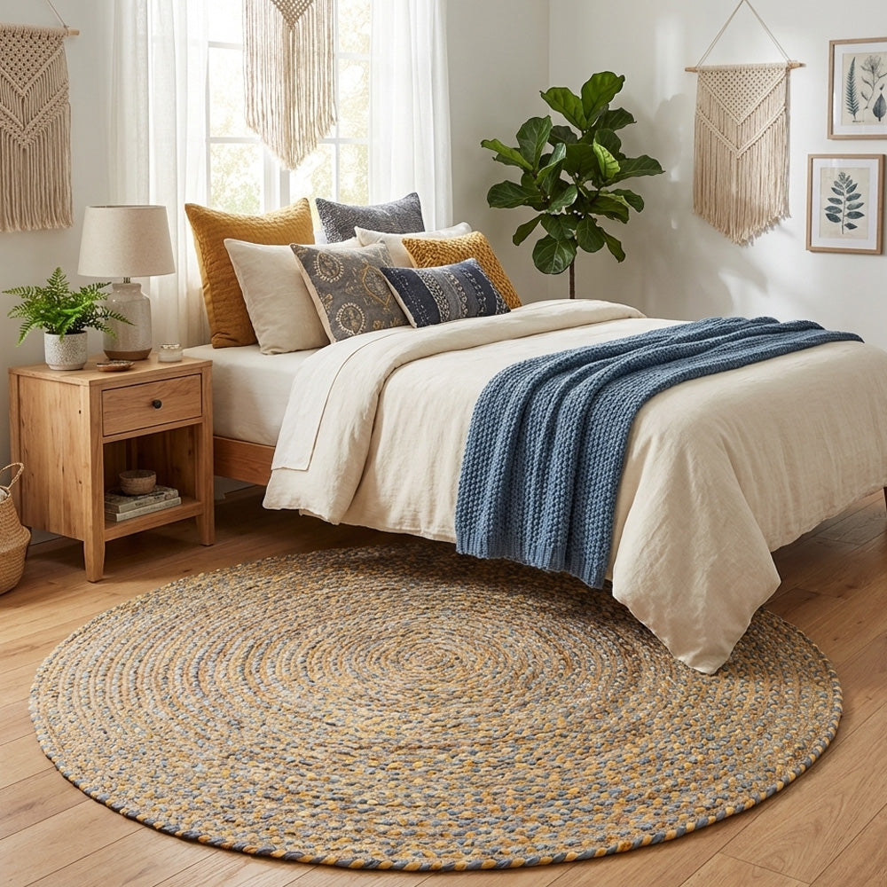 Cozy bedroom with a bed, round rug, and decorative elements.