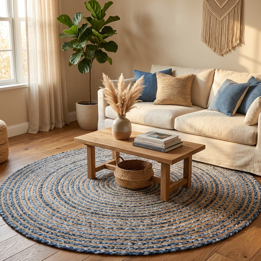 Living room with a round blue and beige jute rug, wooden coffee table, and beige sofa.