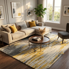 Modern living room with a sectional sofa, coffee table, and patterned rug.