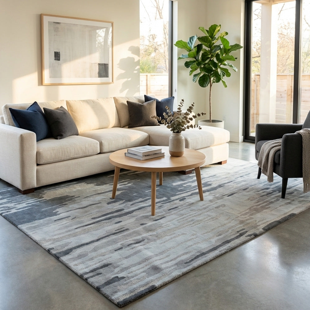Modern living room with a beige sectional sofa, coffee table, and decorative wool rug.