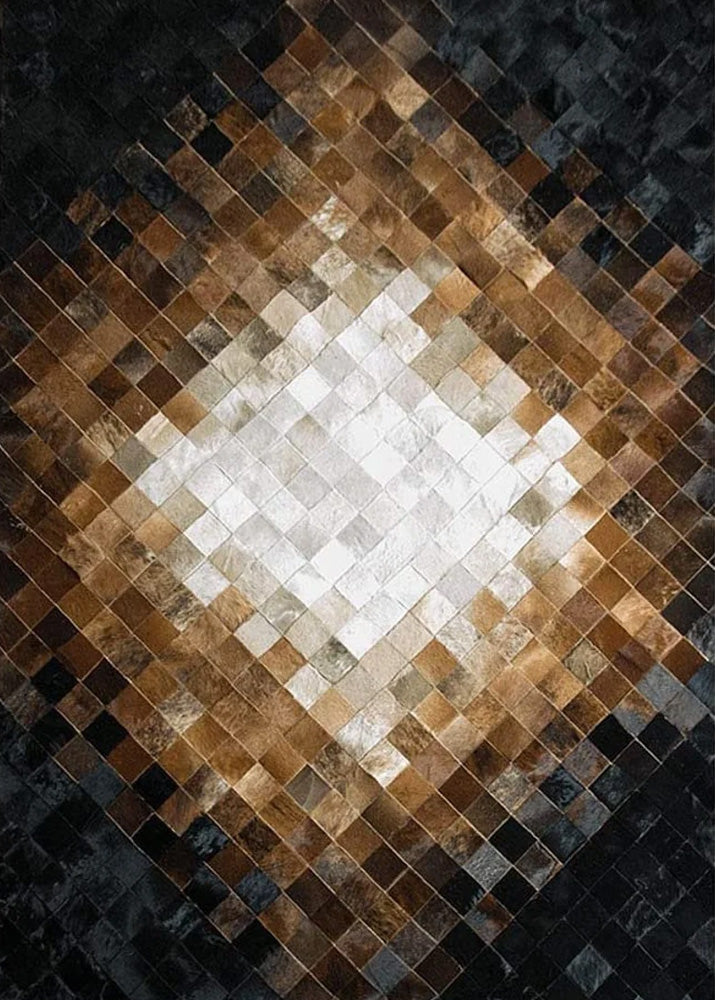 A cowhide patchwork rug with a geometric medallion design in a black, brown, beige, and white color scheme.