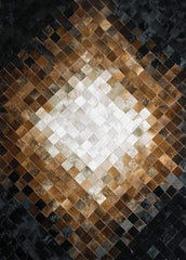 A cowhide patchwork rug with a geometric medallion design in a black, brown, beige, and white color scheme.