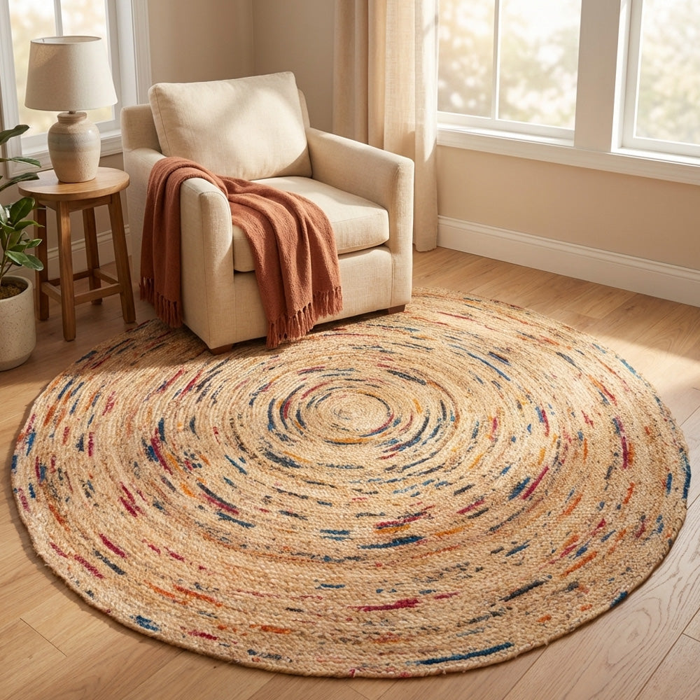 Round multicolored jute rug on a wooden floor with a chair and lamp in the background.