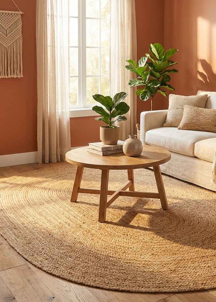 Living room with a wooden coffee table, plants, a beige sofa, and a oval, plain, natural jute rug.