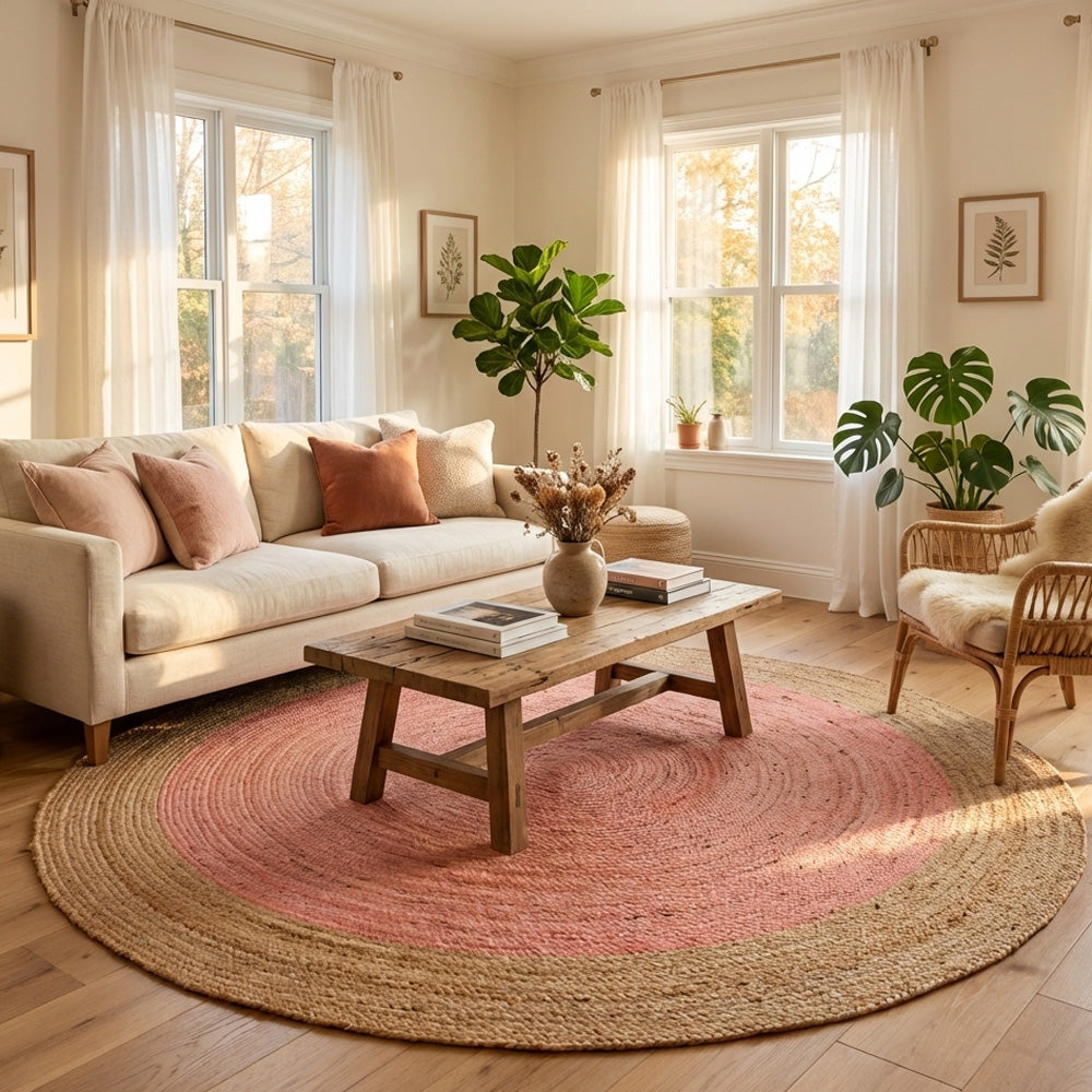 Living room with a round pink and beige jute rug, wooden coffee table, and white sofa.