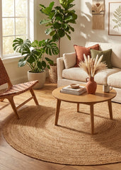 Cozy living room with a round plain natural jute rug, sofa with colorful pillows, and potted plants.