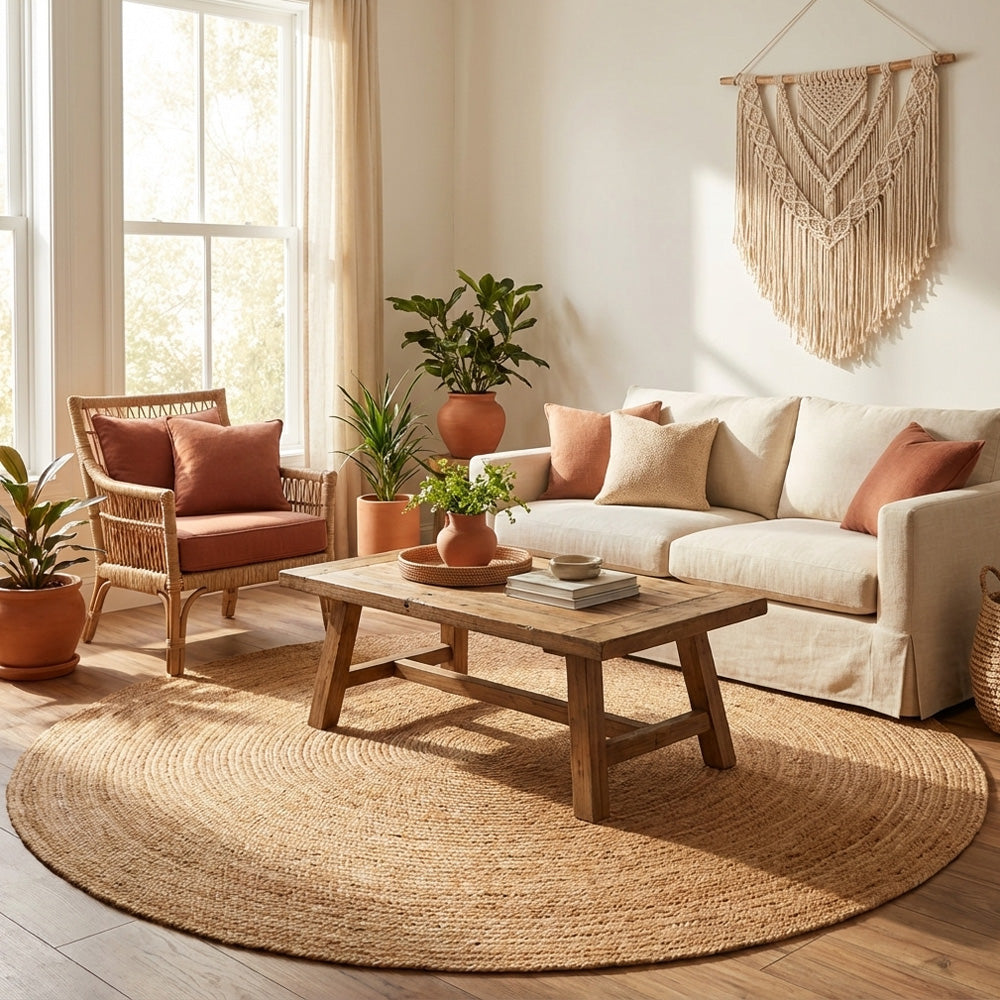 Cozy living room with round plain natural jute rug, and decorative elements.