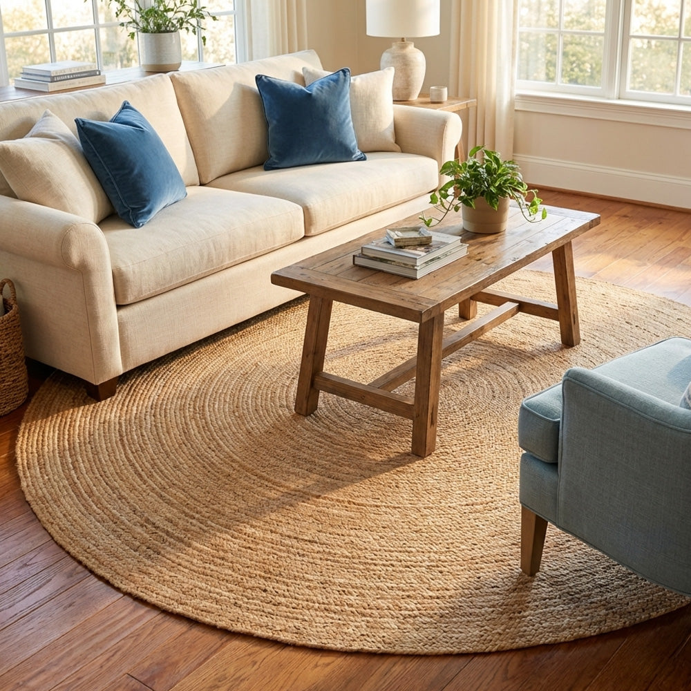 Living room with beige sofa, round plain natural jute rug, and round jute rug.