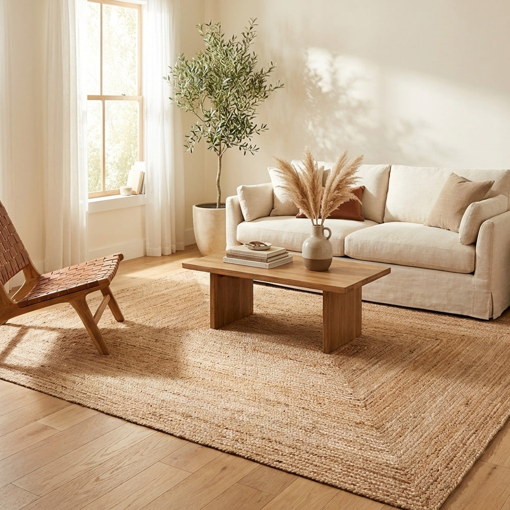 Living room with beige sofa, wooden coffee table, and rectangular natural plain jute rug.