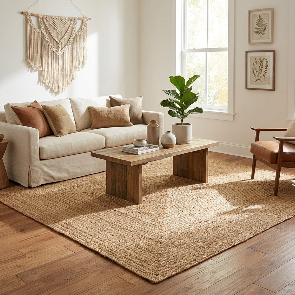 Living room with beige sofa, wooden coffee table, and square jute rug.